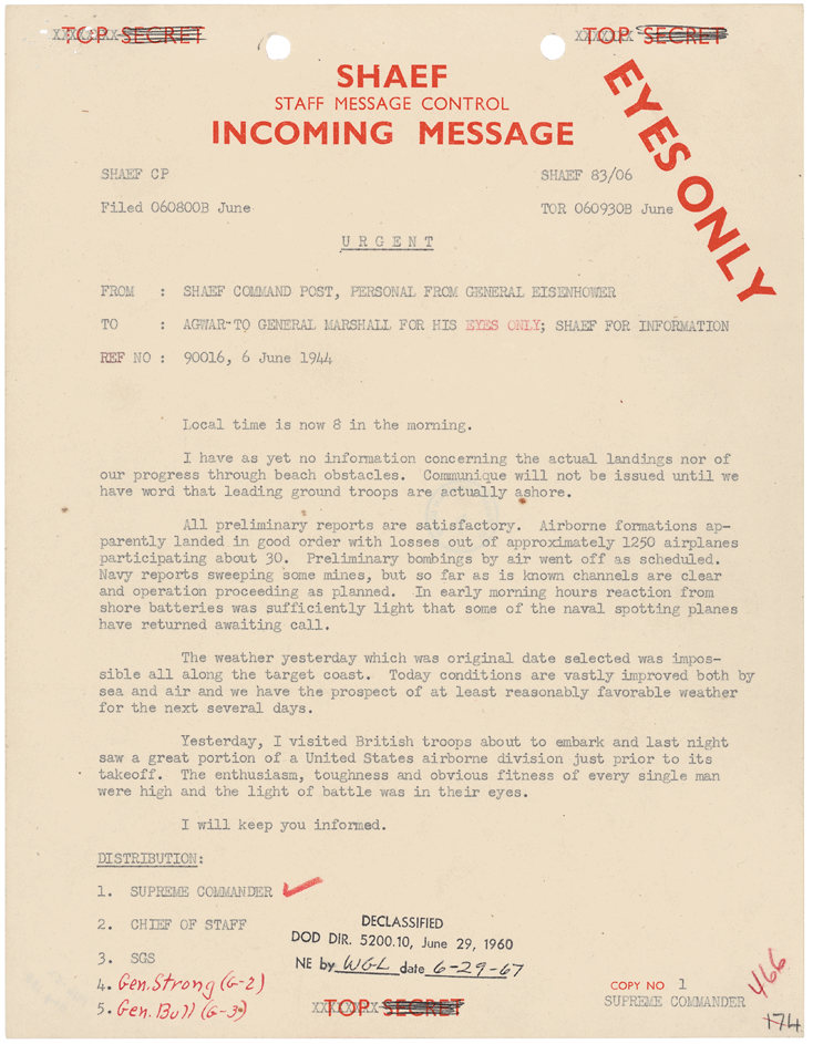 Cable from General Dwight D. Eisenhower to General George C. Marshall Regarding D-Day Landings, 06/06/1944.  Credit: National Archives
