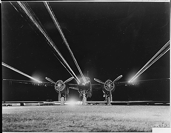 This U.S. Air Force B-26 light bomber of the 3rd Bomb Wing has its 14 forward firing .50 caliber machine guns tested prior to a night mission against enemy targets in North Korea. Pilots of the 3rd Wing nightly patrol Communist supply routes leading to the front. The B-26 night Intruders have been a major factor in the destruction of more than 53,000 enemey vehicles knocked out by U.S. Air Force units since the start of the Korean war., ca. 11/27/1952. Credit: National Archives