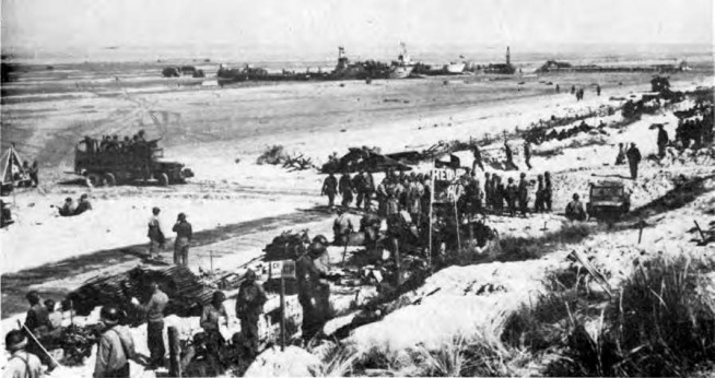 Men and equipment along UTAH Beach on D Day (bottom). The mission of VII Corps was to assault UTAH Beach on 6 June 1944 at H Hour. 0630, and to capture Cherbourg with a minimum delay. The troops, landing just west of the Vire estuary, encountered less opposition than any other Allied forces on D Day. Image and caption credit: Center of Military History. U.S. Army.