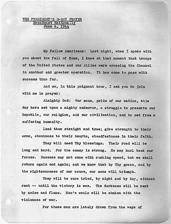 Page 1, Franklin D. Roosevelt D-Day Prayer, 06/06/1944. Image and caption credit: National Archives.
