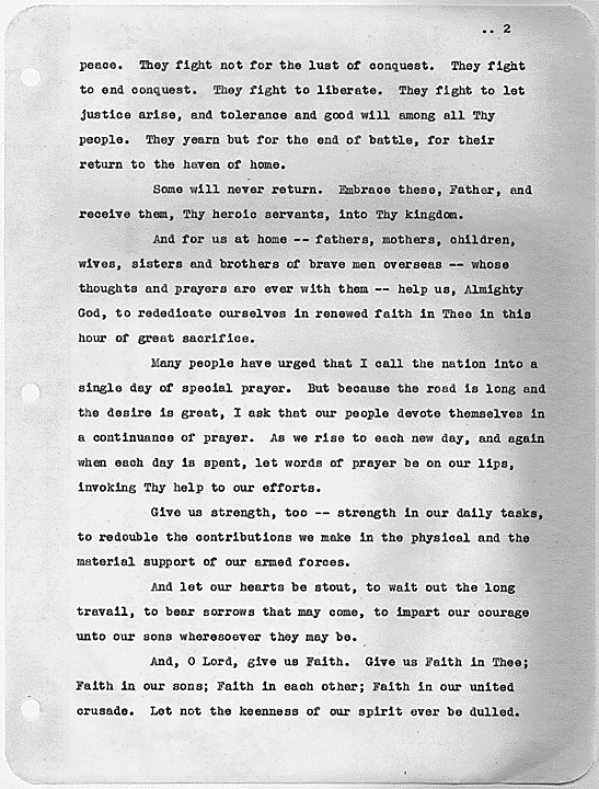 Page 2, Franklin D. Roosevelt D-Day Prayer, 06/06/1944. Image and caption credit: National Archives.