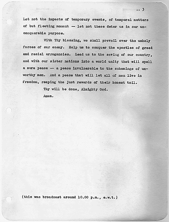 Page 3, Franklin D. Roosevelt D-Day Prayer, 06/06/1944. Image and caption credit: National Archives.