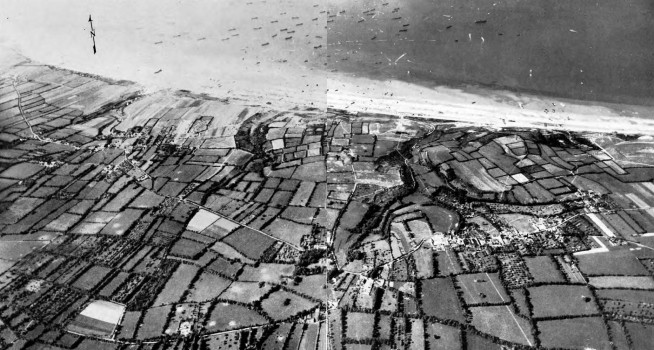 Omaha Beach on 6 June 1944. From Grandcamp, cliffs extend eastward to Arromanches-les-Bains with only two breaks, one in the Vierville–Colleville region which was the V Corps area. The Aure River behind OMAHA Beach is a serious obstacle for a distance of ten miles from its mouth, near Isigny. Between the Vire and Orne Rivers the area is covered to a depth of forty miles inland by bocage (land divided into small fields by hedges, banks, and sunken roads). Observation was limited, and vehicle movement was restricted to the roads. The highlands that extend across the invasion front, with a depth up to twenty-five miles, are broken with steep hills and narrow valleys. Although narrow, the roads in this area are generally good. Vital initial objectives were the towns of Carentan, Saint-Lô, Bayeux, and Caen. Image and caption credit: Center of Military History. U.S. Army.