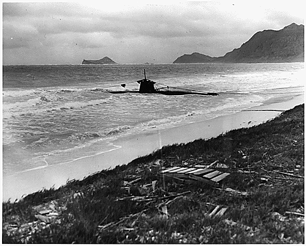 A beached two-man Japanese submarine found on the edge of Bellows Field, Hawaii, after the "sneak Jap attack" on Pearl Harbor of Dec. 7, 1941. Photo and caption: National Archives.