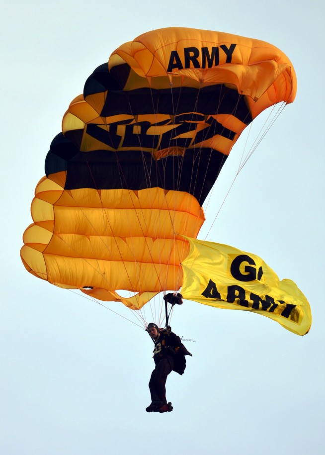 Member of the Golden Knights parachute team parachutes into Lincoln Financial Field during 111th Army Navy game at Lincoln Financial Field, Philadelphia on Dec. 11, 2010. Caption and Photo: DVIDSHUB. 