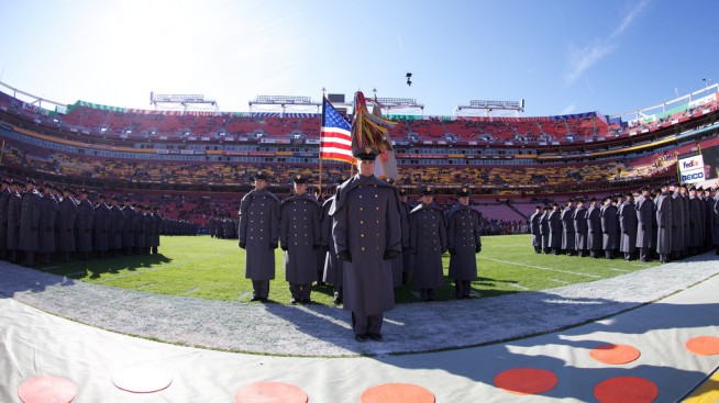 The Corps of Cadets and the West Point Band march on to the FedEx Field for the 112th annual Army/Navy Game. Photo by Tommy Gilligan/West Point Public Affairs. Caption: West Point Public Affairs. 