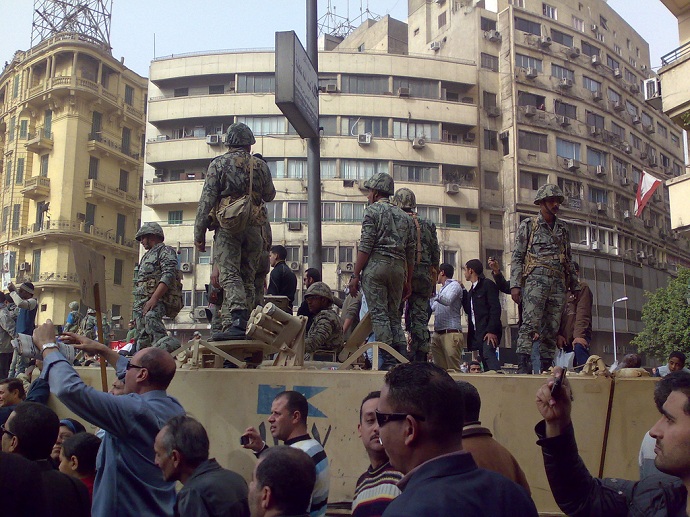 Army truck and soldiers in Tahrir Square