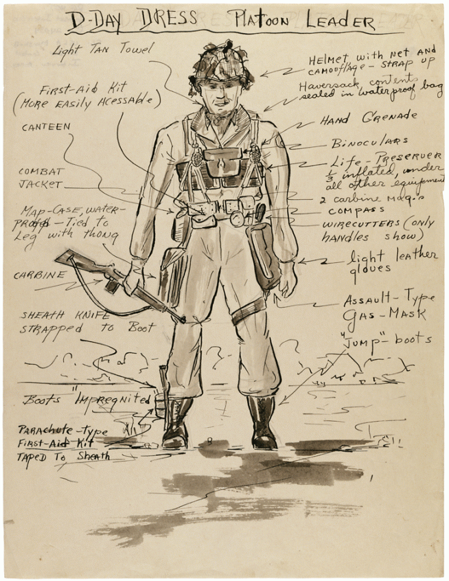 Sketch of a D-Day Dress - Platoon Leader: The D-day assault was rigorous and required soldiers to be prepared for an attack that started at sea and ended on land. This drawing by combat historian Lt. Jack Shea, who was attached to the 29th Infantry Division, illustrates that soldiers were well equipped for an amphibious attack. Look closely for several features designed to help soldiers survive in water. Image and caption credit: National Archives.