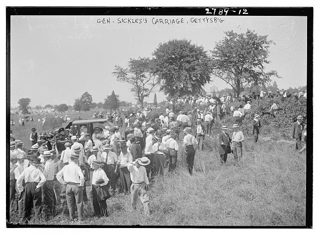 Photo shows General David Edgar Sickles and Mrs. Wilmerding in an automobile at the Gettysburg Reunion (the Great Reunion) of July 1913, which commemorated the 50th anniversary of the Battle of Gettysburg. Credit: Library of Congress