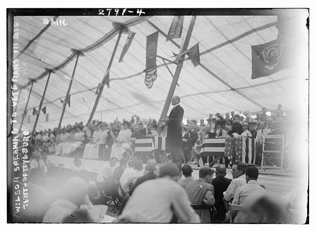 President Wilson speaking to Vets. Photo shows the Gettysburg Reunion (the Great Reunion) of July 1913, which commemorated the 50th anniversary of the Battle of Gettysburg. Credit: Library of Congress