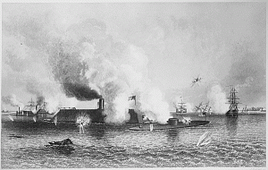 Naval Engagement in Hampton Roads. Merrimac and Monitor. March 1862. Copy of print by J. Davies after C. Parsons, 1863. Credit: National Archives.