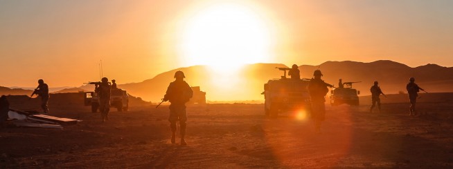 Troopers from 2nd Squadron, 11th Armored Cavalry Regiment conduct a dismounted patrol at the National Training Center, Fort Irwin. Calif. Feb. 14, 2013. Image credit: Specialist Adam Hoppe. Caption credit: U.S. Army Flickr feed.