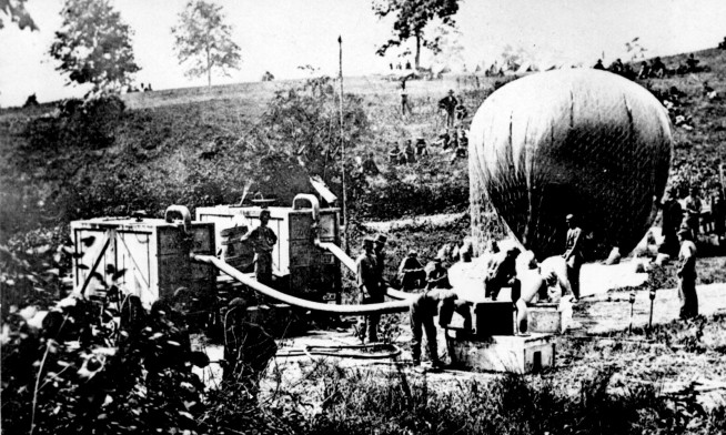 Federal observation balloon Intrepid being inflated. Battle of Fair Oaks, Va., May 1862. Image and caption credit: National Archives.