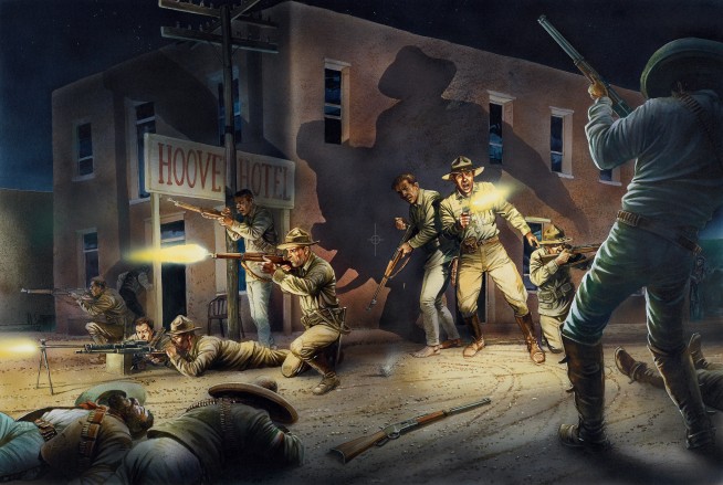 The attack on Columbus, New Mexico, by Villistas. It was at the intersection of Broadway and East Boundary Streets where Lieutenant Castleman chose to set up his line of defense with their Benet-Mercie machine guns firing down Broadway Street. This kept the Villistas from robbing the bank or up East Boundary Street where Colonel Slocum lived, as did Lieutenant Castleman’s wife. The covering firing by the Americans helped some of the townspeople seek refuge in the Hoover Hotel. Others weren’t so lucky: Mrs. Milton James, who was pregnant, attempted to run to the hotel for protection but was shot down by the Villistas, along with her husband. A resident of the hotel was also killed as he attempted to run to his business to secure some weapons.
