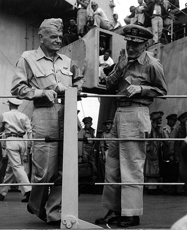 Admiral William F. Halsey and Vice Admiral John S. McCain on board USS Missouri (BB-63) shortly after the conclusion of the surrender ceremonies, 2 September 1945. Credit: Naval Historical Center.