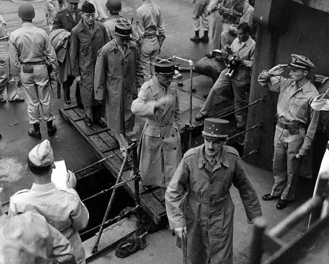 General Jacques LeClerc leads the French delegation on board USS Nicholas (DD-449) to be taken to USS Missouri for the surrender ceremonies, 2 September 1945. Credit: Naval Historical Center.
