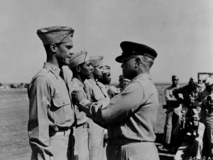 Gen. Benjamin O. Davis pins the Distinguished Flying Cross on his son, Lt. Col. Benjamin Davis, Jr. Image: U.S. Air Force. Caption: National Park Service.