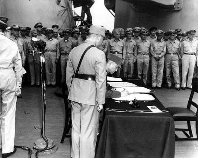 General Hsu Yung-chang signs the Instrument of Surrender on behalf of the Republic of China, on board USS Missouri (BB-63), 2 September 1945. Credit: Naval Historical Center.