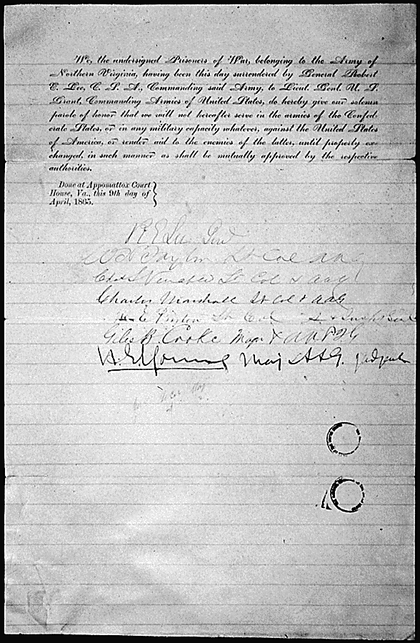 Parole of General Robert E. Lee and Six of his Staff Officers: 04/09/1865. Credit: National Archives.