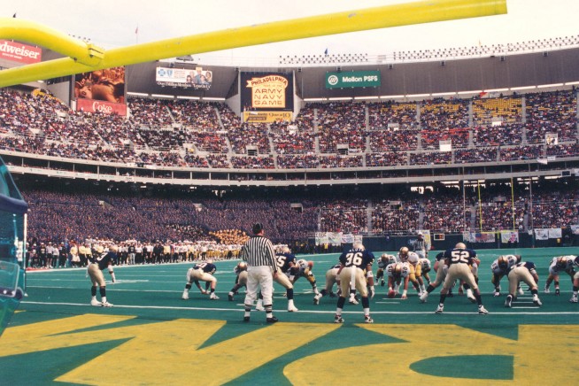 In the 1994 game, played on December 4th, this image shows Army on the goal line, the play resulting in a touchdown, in the eventual Army win over Navy, 22 to 20. Photo and Caption: U.S. Army.