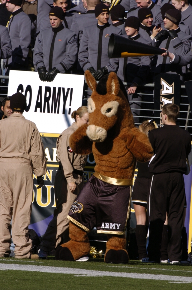 The US Military Academy Mascot entertains the crowd during a break in the action at the 108th annual Army Navy football game in Baltimore, Md. Dec 1, 2007. Photo Credit: Mr. Kenneth Drylie (IMCOM) . Caption: U.S. Army.