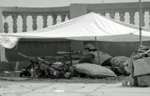 Set up on a roof in Ramadi. The tent provided Chris Kyle a bit of relief from the sun. Image and caption: Courtesy of William Morrow