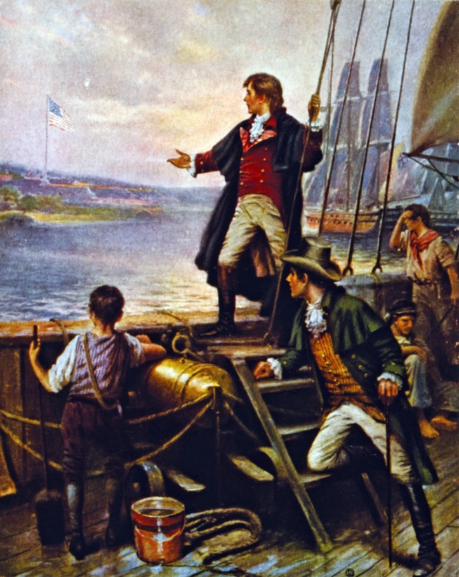 Francis Scott Key watching the bombardment of Fort McHenry by the Dawn’s early light of September 13, 1814. A lawyer, he was part of a delegation negotiating the release of American prisoners and was compelled to remain on board a Royal Navy warship. The night’s intense bombardment inspired his poem “The Star-Spangled Banner,” which became the words off the Unites States’ national anthem. (Print after Thomas Moran; Library of Congress. Caption: Osprey publishing.)