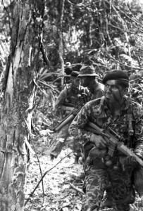Page 38 patrol from B Company, 3rd Recon, 3rd Marine Division, searches an area just below the Vietnamese Demilitarized Zone (DMZ), January 1969. Caption credit: MARSOC by Fred Pushies. Image credit: USMC HISTORY DIVISION, QUANTICO