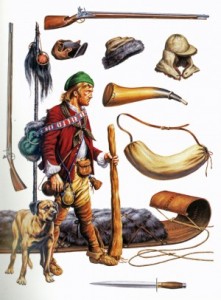 A private in Captain John Lovewell’s New England Ranger Company, 1725. In his clothing and equipment, this private exemplifies the hybrid European/Indian composition of Lovewell’s men. Note the Indian toboggan, usually made of two planks of green spruce, birch, or elm wood that were lashed together with rawhide. Image credit: Gary Zaboly/Osprey Publishing. Caption credit: America's Elite by Chris McNab.