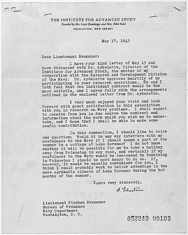 Letter of Albert Einstein to the Lieutenant Stephen Brunauer, U.S. Navy Bureau of Ordnance, 05/17/1943. Credit: Library of Congress.