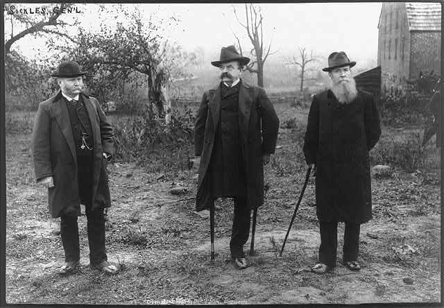 Gens. Sickles, Carr & Graham. Taken near Trostle’s barn, Gettysburg Battlefield – on spot where General Sickles lost his leg, July 2nd, 1863, ca 1886. Credit: Library of Congress.