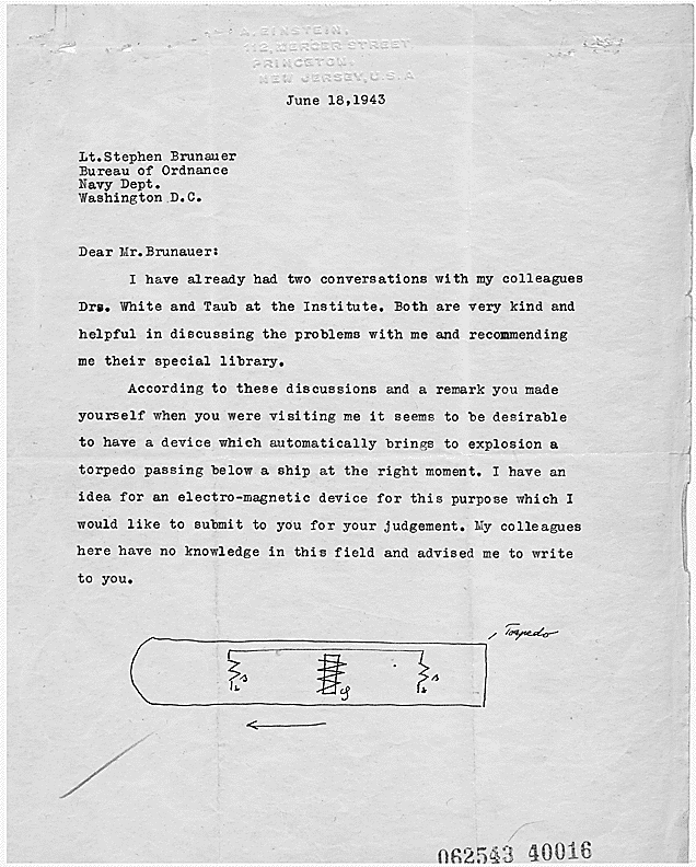 Letter of Albert Einstein to the Lieutenant Stephen Brunauer, U.S. Navy Bureau of Ordnance, 6/18/1943.  Credit: Library of Congress.