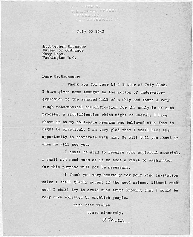 Letter of Albert Einstein to the Lieutenant Stephen Brunauer, U.S. Navy Bureau of Ordnance, 7/30/1943.  Credit: Library of Congress.