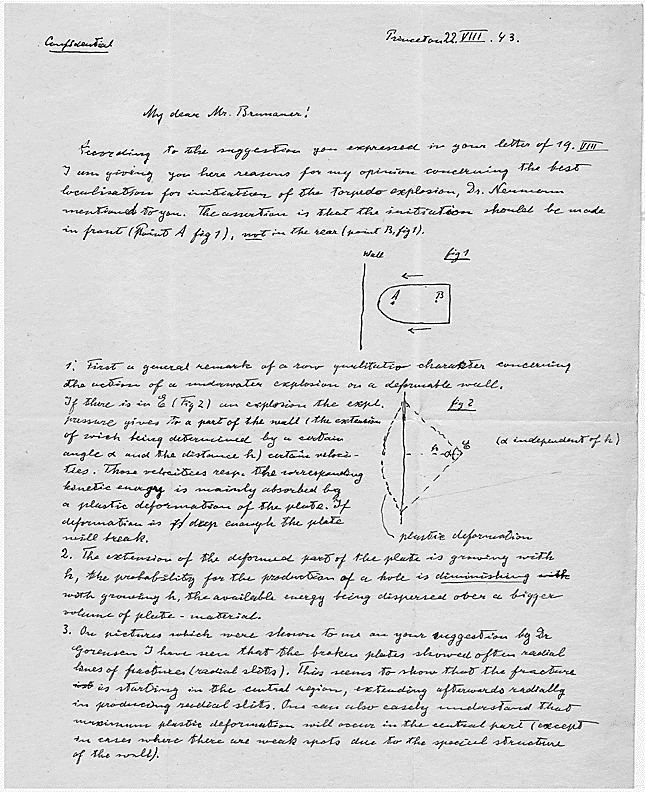 Letter of Albert Einstein to the Lieutenant Stephen Brunauer, U.S. Navy Bureau of Ordnance, 8/22/1943.  Credit: Library of Congress.