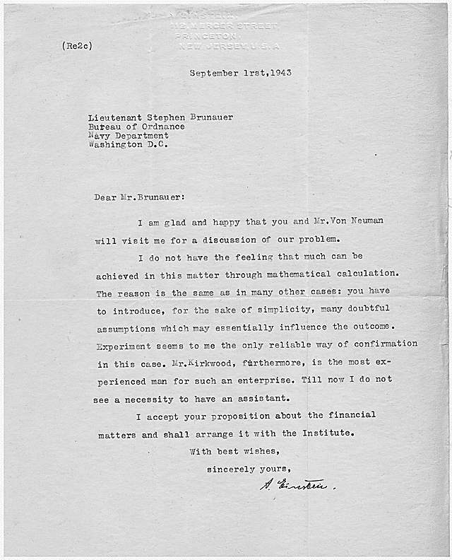 Letter of Albert Einstein to the Lieutenant Stephen Brunauer, U.S. Navy Bureau of Ordnance, 9/1/1943.  Credit: Library of Congress.