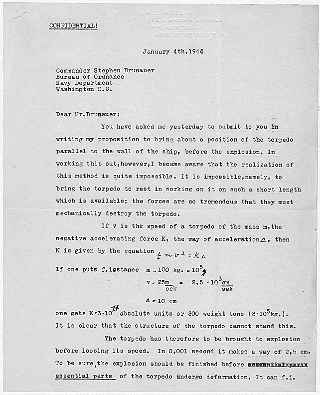 Albert Einstein to Lieutenant Stephen Brunauer, U.S. Navy Bureau of Ordnance, 1/4/1944.  Credit: Library of Congress.