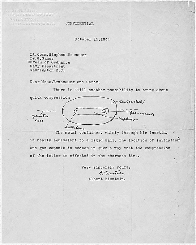 Letter of Albert Einstein to the Lieutenant Stephen Brunauer, U.S. Navy Bureau of Ordnance, 10/15/1944.  Credit: Library of Congress.