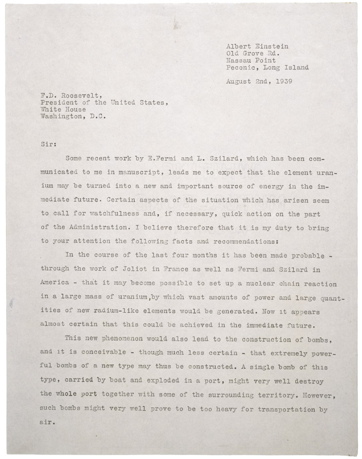 Albert Einstein to President Franklin D. Roosevelt, 08/02/1939.  Credit: National Archives.