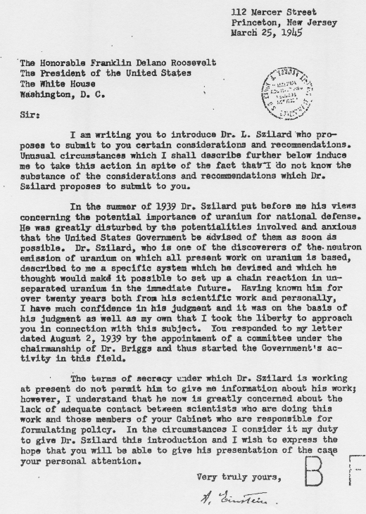 Albert Einstein to President Franklin D. Roosevelt, 3/25/45. Credit: Harry Truman Presidential Library.