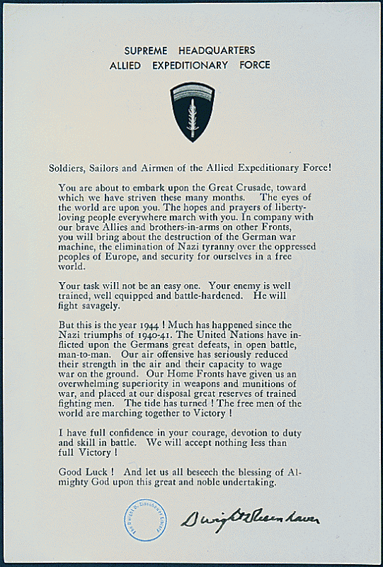 “General Eisenhower’s D-Day Statement to Soldiers, Sailors, and Airmen of the Allied Expeditionary Force. Credit: National Archives.
