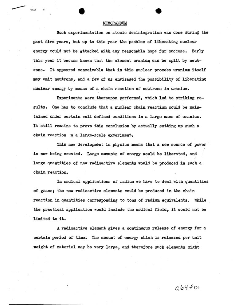 Leo Szilard Memo to President Frankli Roosevelt undated Roosevelt Presidential Library and Museum