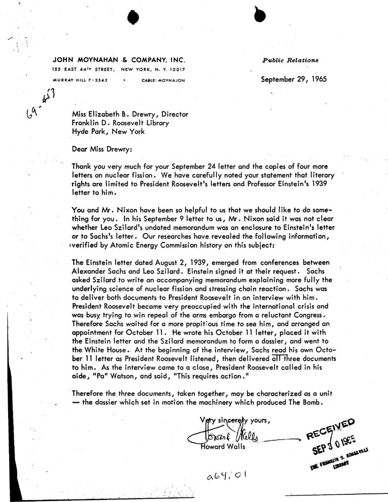 Leo Szilard Memo to President Franklin Roosevelt undated Franklin  Roosevelt Presidential Library and Museum