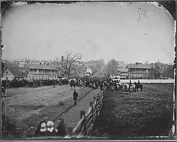 Regiment marching down a village street, Gettysburg, Pa, ca. 1860 – ca. 1865. Credit: National Archives.