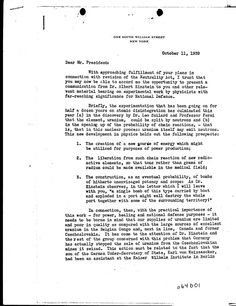 Alexander Sachs to President Franklin D. Roosevelt, 10/11/1939.  Credit: Franklin D. Roosevelt Presidential Library and Museum.