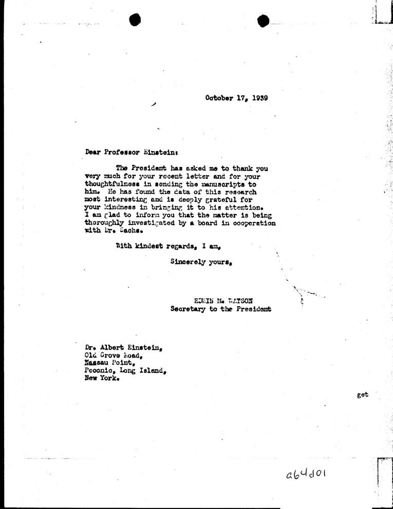 Edwin Watson to Albert Einstein, 10/17/39.  Credit: Franklin D. Roosevelt Presidential Library and Museum.