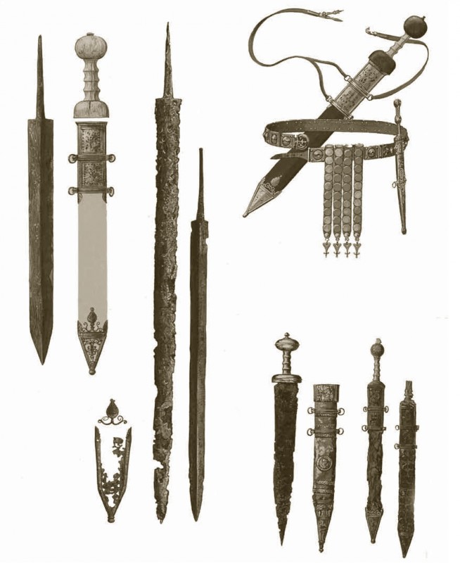 Top right: Roman sword, a gladius, with baldric and dagger belt, mid to late first century ad. Bottom right: an early firstcentury ad gladius from Rheingoenheim and a sheath from the Rhine; a gladius found at Pompeii, and another now in a museum in Mainz. On the left: other swords found on the Rhine. 