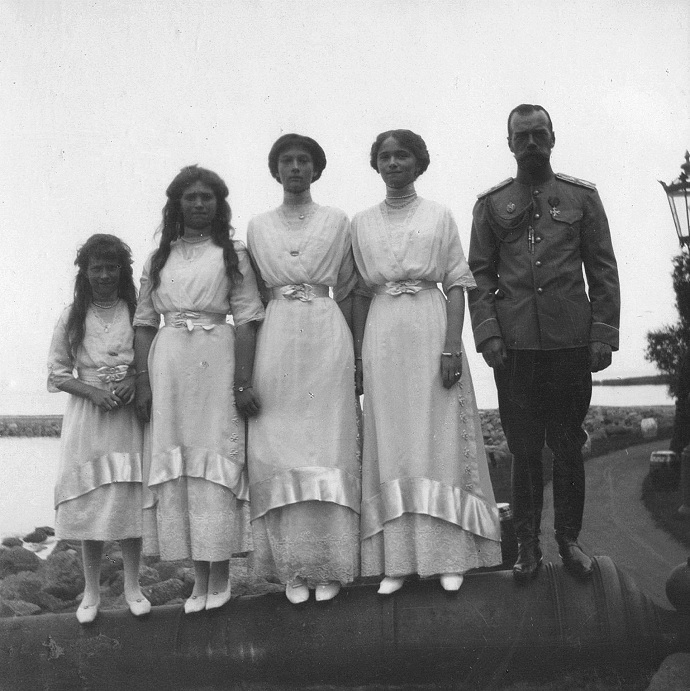 The Romanov sisters with Tsar Nicholas II