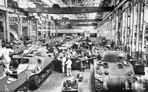 Detroit's car makers quickly switch back from  tanks to automobiles as did many other industries at the end of WWII. This great postwar boost helped elevate the dollar as the global reserve currency. This image is in the public domain via Tropics of Meta