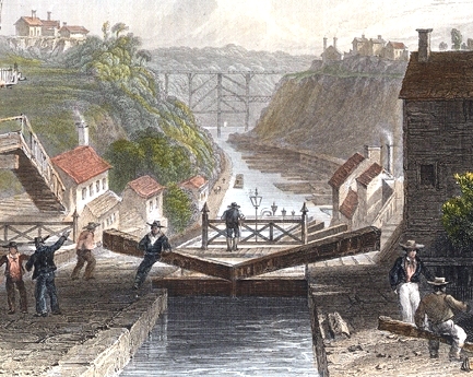 Charles Finney's view east of eastbound Lockport on the Erie Canal by W.H. Bartlett, 1839. By engraved after a picture by W.H.Bartlett. Image is in the public domain via Wikimedia.com</em