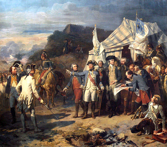 Siège de Yorktown by Auguste Couder, c. 1836.[23] Rochambeau and Washington giving their last orders before the battle. By Auguste Couder - Own work (PHGCOM). Image is in the public domain via Wikimedia.com</em